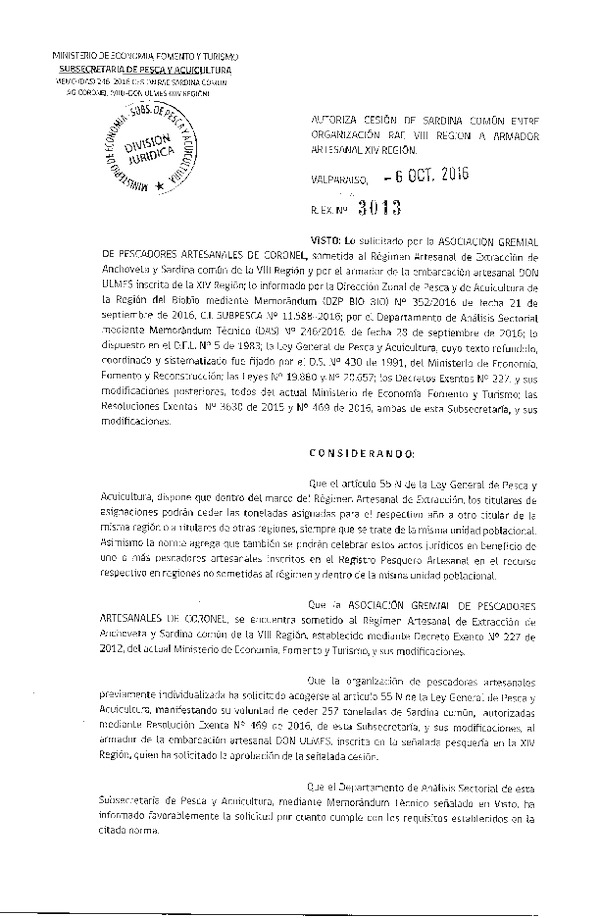 Res. Ex. N° 3013-2016 Autoriza Cesión Sardina común, VIII a XIV Región.