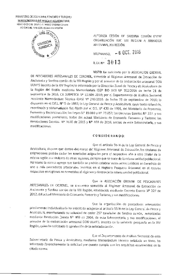 Res. Ex. N° 3013-2016 Autoriza Cesión Sardina común, VIII a XIV Región.
