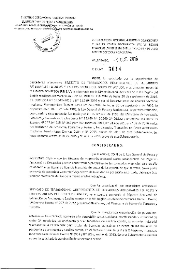 Res. Ex. N° 3014-2016 Autoriza Cesión Anchoveta y Sardina común, VIII Región.