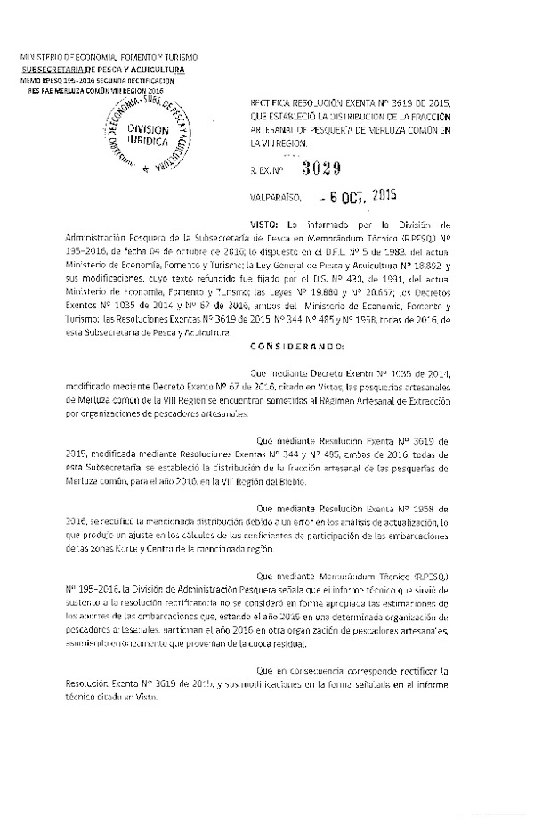 Res. Ex. N° 3029-2016 Rectifica Res. Ex. N° 3619-2015 Distribución de la Fracción Artesanal de Pesquería de Merluza Común VIII Región. (Publicado en Página Web 07-10-2016)