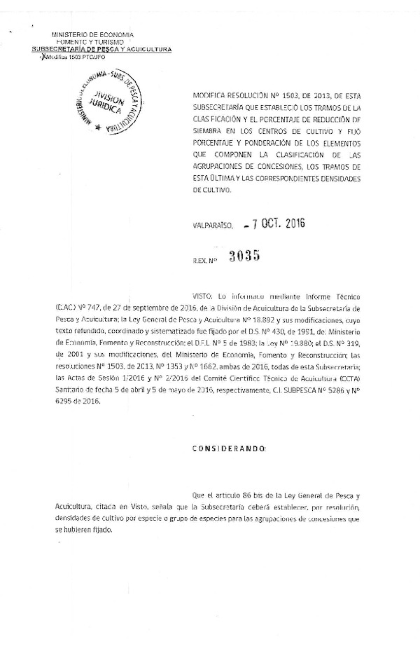 Res. Ex. N° 3035-2016 Modifica Resolución Nº 1503 de 2013 Que Estableció Tramos de la clasificación y porcentaje reducción de siembra en Centros de cultivo. (Publicado en Página Web 11-10-2016)