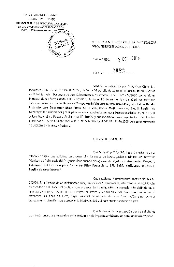 Res. Ex. N° 2982-2016 Programa de vigilancia ambiental, Bahía de Mejillones del Sur, II Región.