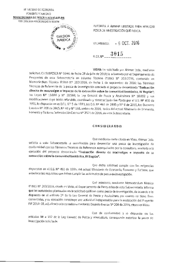 Res. Ex. N° 3015-2016 Evaluación directa de macroalgas e impacto de la extracción sobre comunidad bentónica, IV Región.