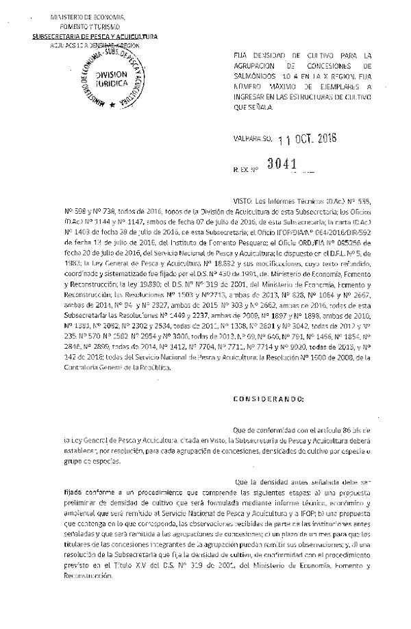 Res. Ex. N° 3041-2016 Fija densidad de cultivo para la agrupación de concesión de Salmónidos 10 A, X Región. (Publicado en Página Web 11-10-2016)