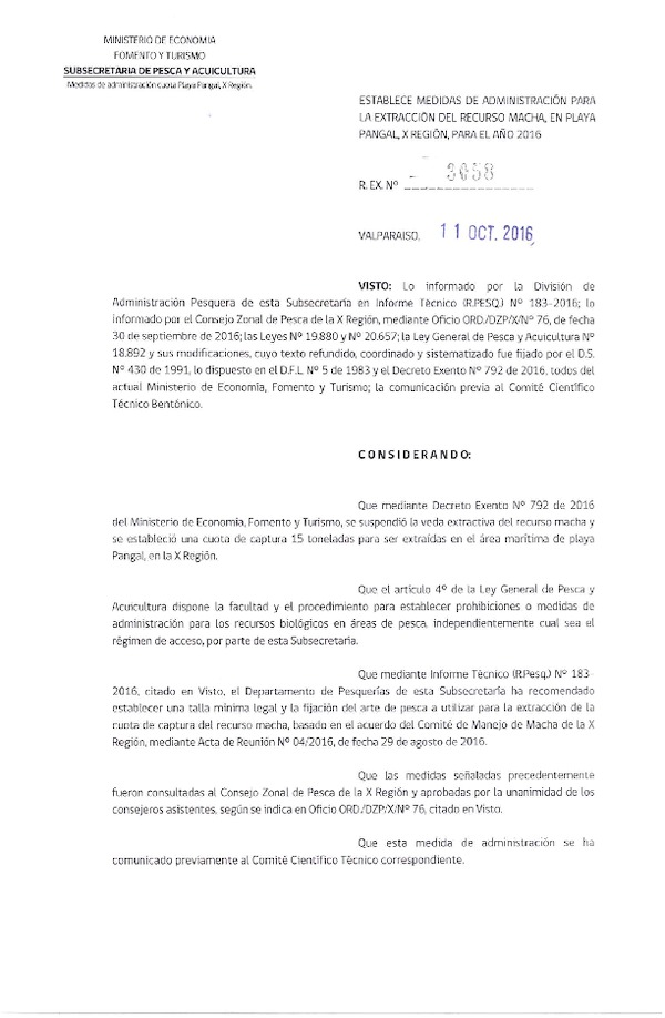 Res. Ex. N° 3058-2016 Establece Medidas de Administración para la Extracción del Recurso Macha, en Playa Pangal, X región. Año 2016. (Publicado en Página Web 12-10-2016)