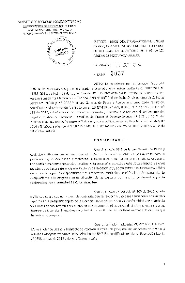Res. Ex. N° 3037-2016 Autoriza cesión Anchoveta VIII Región.