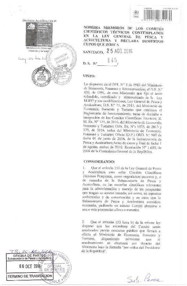 D.S. N° 145-2016 Nombra Miembros de los Comités Científicos Técnicos Contemplados en la Ley General de Pesca y Acuicultura y declara Desiertos Cupos que Indica. (F.D.O. 13-10-2016)