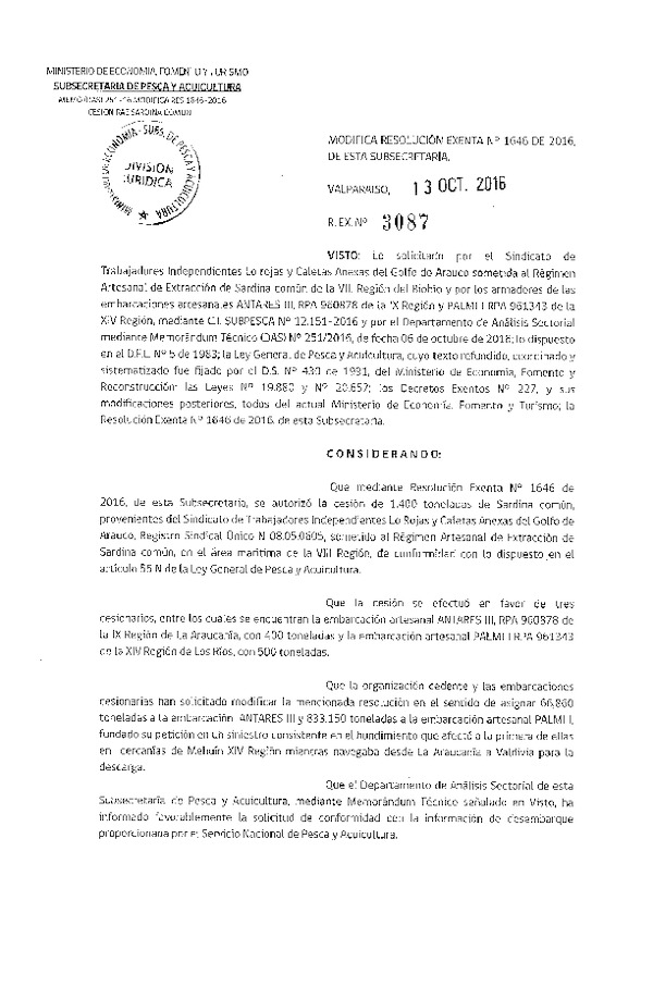 Res. Ex. N° 3087-2016 Modifica Res. Ex. N° 1646-2016 Autoriza Cesión Sardina común VIII a XIV Región.