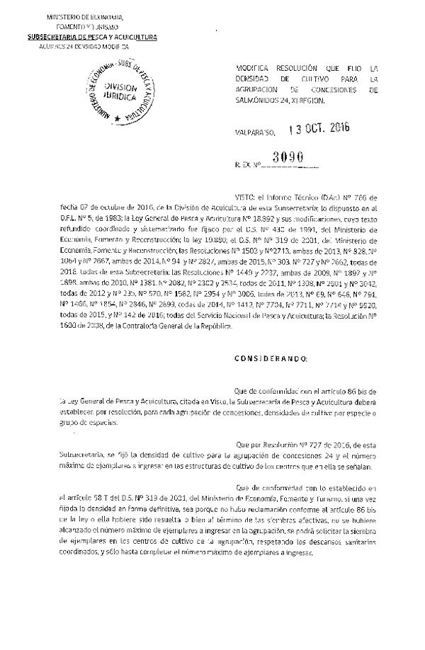 Res. Ex N° 3090-2016 Modifica Res. Ex. N° 727-2016 Fija densidad de cultivo para la Agrupación de concesión de Salmonidos 24, XI Región. (Publicado en Página Web 14-10-2016)