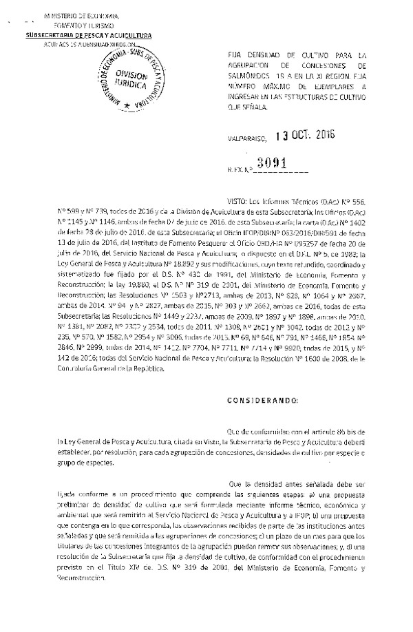 Res. Ex. N° 3091-2016 Fija ensidad de cultivo para la agrupación de concesión de Salmónidos 19 A, XI Región. (Publicado en Página Web 14-10-2016)