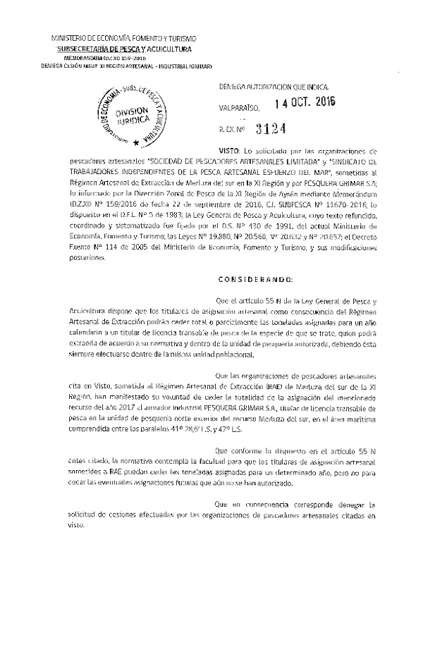 Res. Ex. N° 3124-2016 deniega autorización Cesión Merluza del Sur, XI Región.