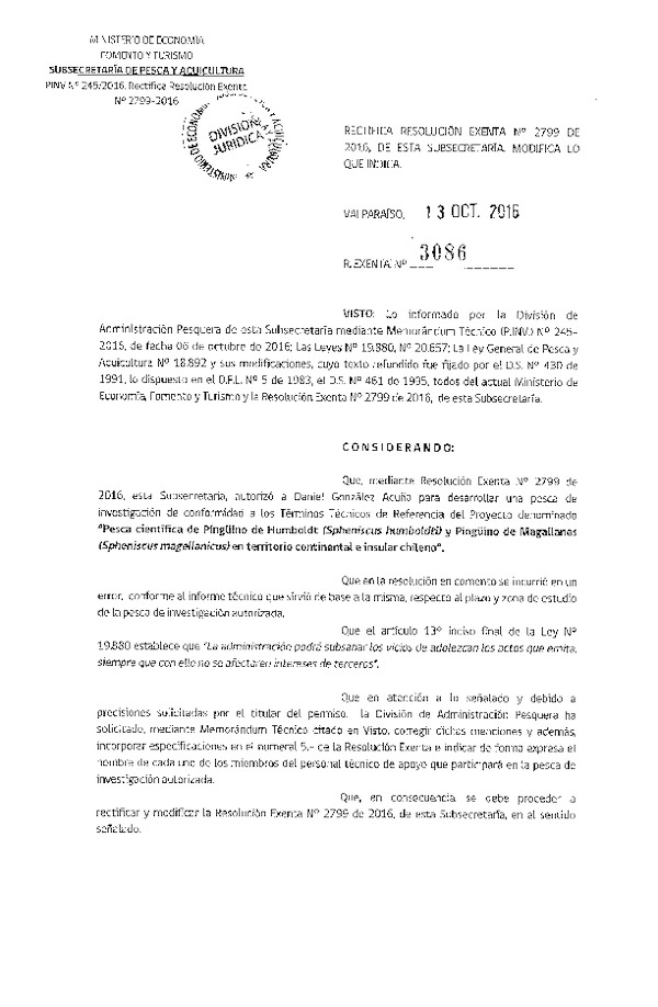 Res. Ex. N° 3086-2016 Rectifica Res. Ex. N° 2799-2016 Pesca científica de pingüino deHumboldt y Magallanes.