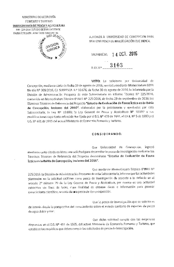 Res. Ex. N° 3103-2016 Estudio de evaluación de fauna íctica en la Bahía de Concepción, invierno del 2016.