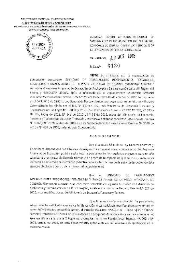 Res. Ex. N° 3130-2016 Autoriza cesión sardina común, VIII Región.