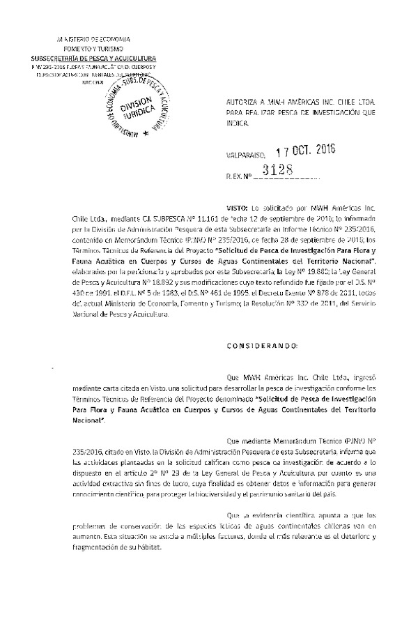 Res. Ex. N° 3128-2016 Flora y fauna acuática en cuerpos y cursos de aguas continentales del Territorio Naciobal.