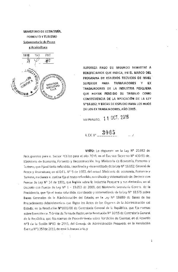 Res. Ex. N° 3065-2016 Autoriza pago de segundo semestre a beneficiarios que indica.