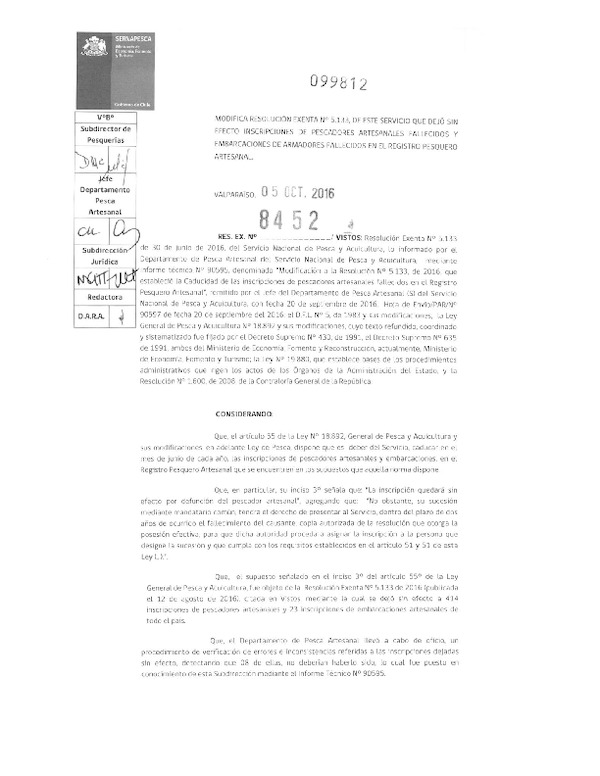 Res. Ex. N° 8452-2016 Modifica Res. Ex. N° 5133-2016 Deja sin Efecto Inscripciones de Pescadores Artesanales Fallecidos y Embarcaciones de Armadores Fallecidos en el Registro Pesquero Artesanal. (Sernapesca) (F.D.O. 18-10-2016)