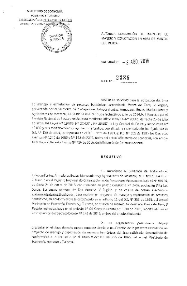 Res. Ex. N° 2389-2016 PROYECTO DE MANEJO.
