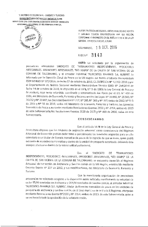 Res. Ex. N° 3143-2016 Autoriza cesión anchoveta y sardina común, VIII Región.