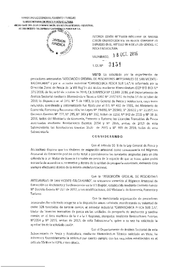 Res. Ex. N° 3151-2016 Autoriza cesión sardina común, VIII Región.