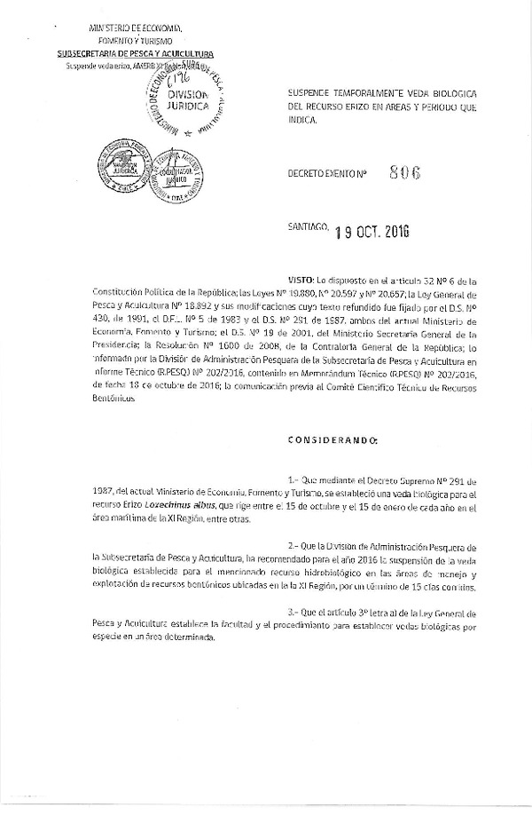 Dec. Ex. Nº 806-2016 Suspende Temporalmente Veda Biológica Recurso Erizo XI Región. (Publicado en Página Web 19-10-2016)