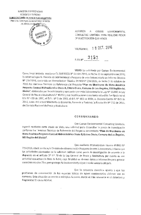 Res. Ex. N° 3152-2016 Plan de monitoreo de biota acuática, estero Diuto, VIII Región.