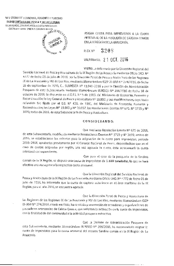 Res. Ex. N° 3208-2016 Asigna Cuota para Imprevistos a la Cuota Artesanal de la Pesquería de Sardina Común en la IX Rergión. (Publicado en Página Web 24-10-2016)