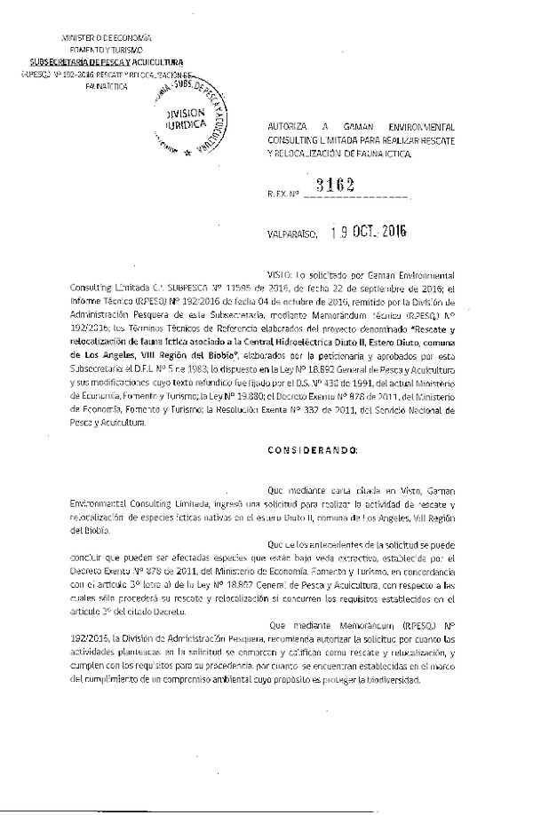 Res. Ex. N° 3162-2016 Rescate y relocalización de fauna íctica, Estero Diuto, VIII Región.