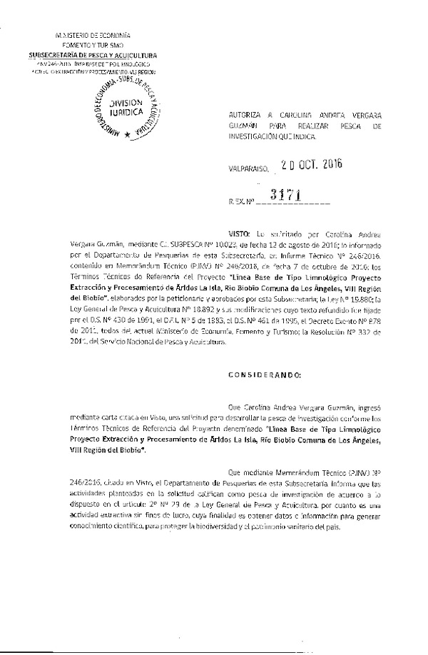 Res. Ex. N° 3171-2016 Línea base tipo limnológico proyecto extracción y procesamiento de áridos, VIII Región.