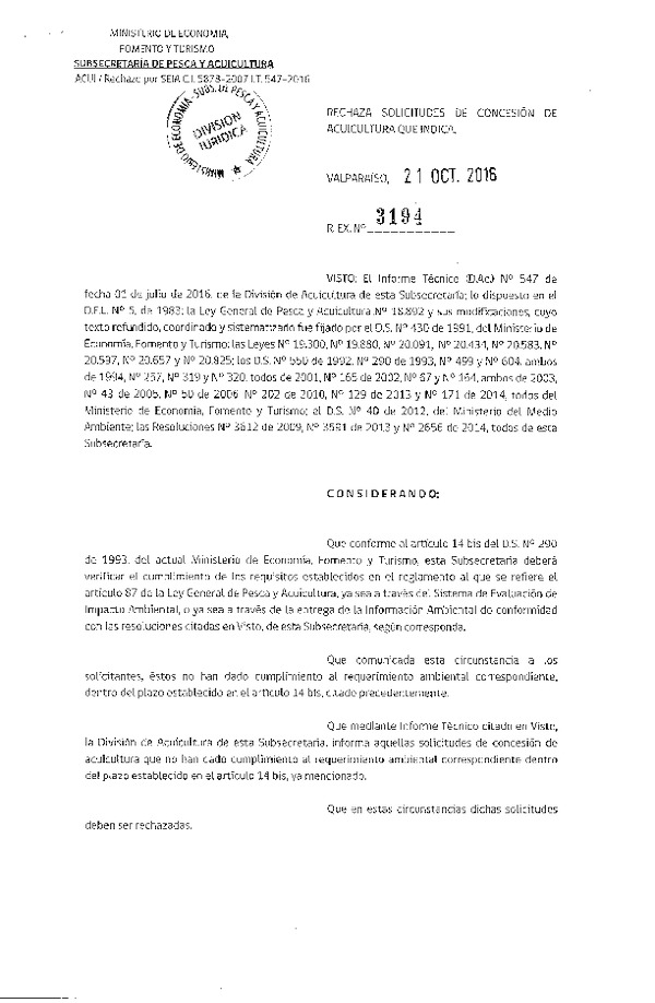 Res. Ex. N° 3194-2016 Rechaza solicitudes de concesión de acuicultura que indica.