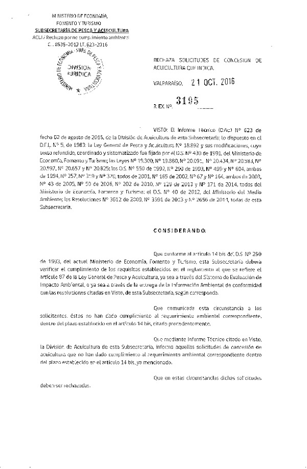 Res. Ex. N° 3195-2016 Rechaza solicitudes de concesión de acuicultura que indica.