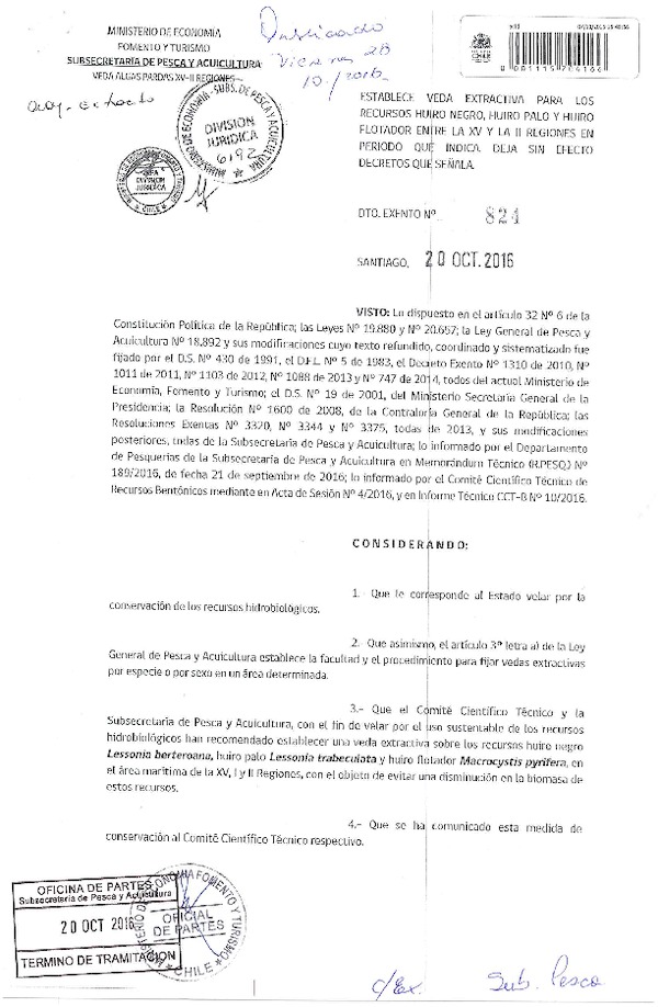 Dec. Ex. N° 824-2016 Establece Veda Extractiva para los Recursos Huiro negro, Huiro palo y Huiro flotador, XV-II Regiones. Deja Sin Efecto Decretos que Señala. (Publicado en Página Web 26-10-2016)