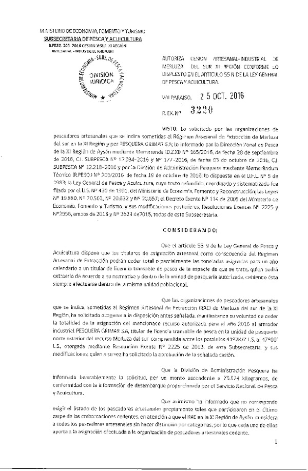 Res. Ex. N° 3220-2016 Autoriza cesión Merluza del Sur, XI Región.