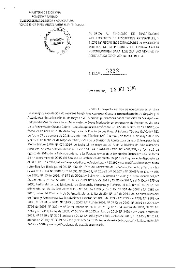 Res. Ex. N° 3223-2016 ACTIVIDADES DE ACUICULTURA EXPERIMENTAL.