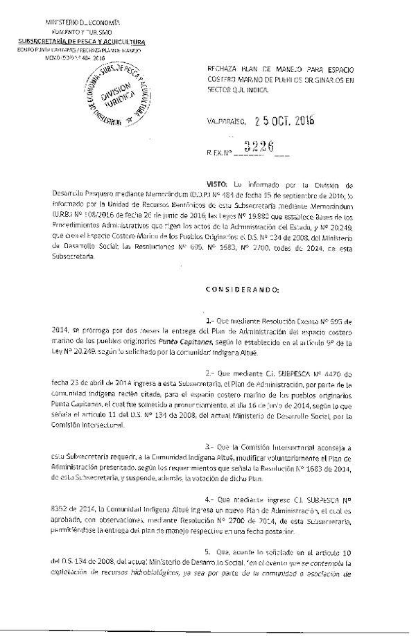 Res. Ex. N° 3226-2016 Rechaza plan de manejo para Espacio Costero Marino de Pueblos Originarios Punta Capitanes, X Región.