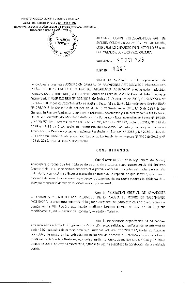Res. Ex. N° 3233-2016 Autoriza cesión sardina común, VIII Región.