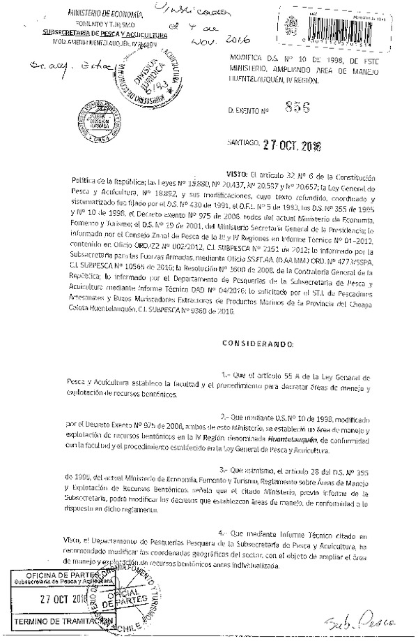 Dec. Ex. N° 856-2016 Modifica D.S. N° 10-1998 Área de Manejo Huentelauquén, IV Región. (Publicado en Página Web 28-10-2016)