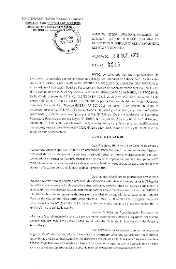 Res. Ex. N° 3245-2016 Autoriza cesión Merluza del Sur, XI Región.
