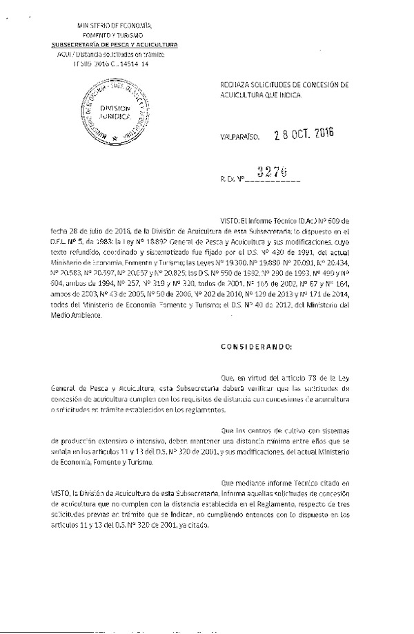 Res. Ex. N° 3270-2016 Rechaza solicitudes de concesión de acuicultura que indica.