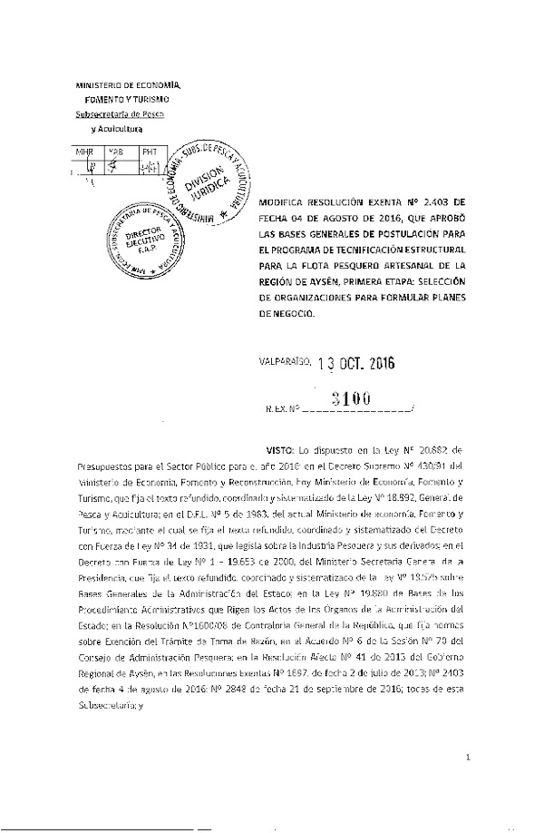 Res. EX. N° 3100-2016 Modifica Res. Ex. n° 2403-2016 Que aprobó las bases generales de postilación programa de tecnificación.