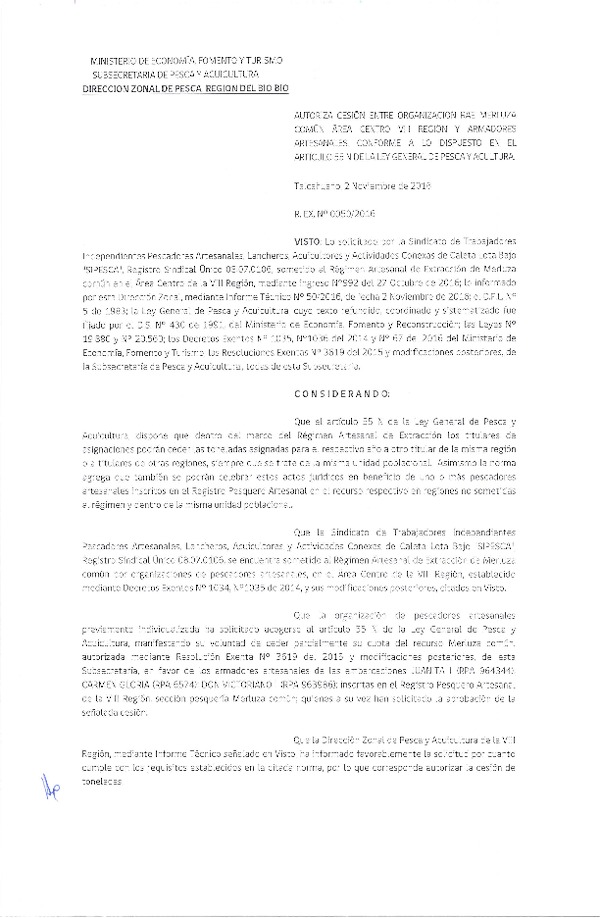 Res. Ex. N° 50-2016 (DZP VIII) Autoriza Cesion Merluza común, VIII Región.