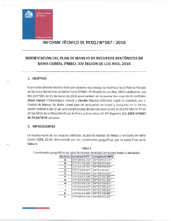 Informe Técnico (R. Pesq) 187-2016 Modificación del Plan de Manejo de Recursos Bentónicos de Bahía Corral.