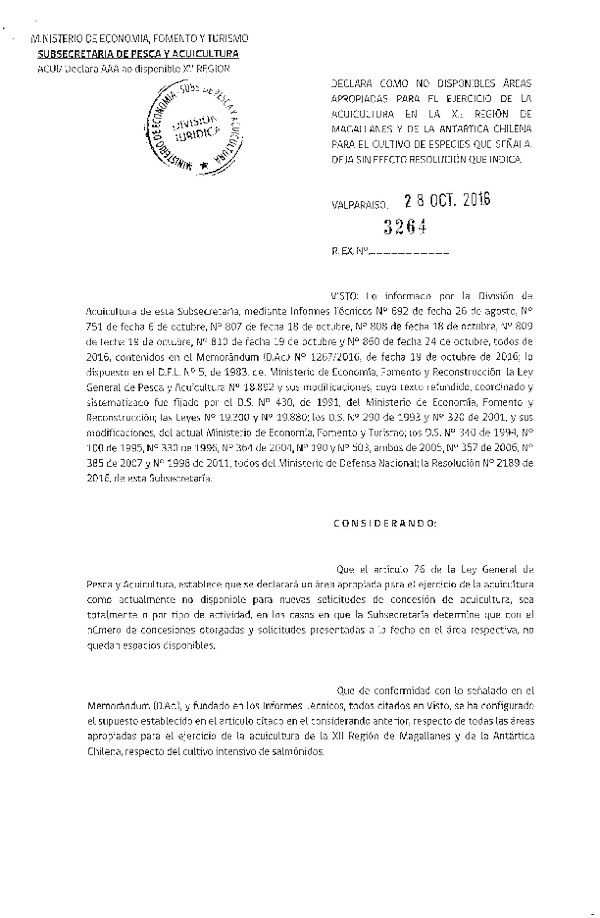 Res. Ex. N° 3264-2016 Declara Como No Disponibles Áreas Apropiadas para el Ejercicio de la Acuicultura en la XII Región. (Publicado en Página Web 03-11-2016)