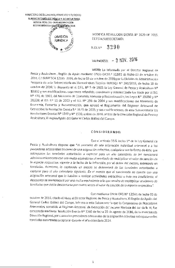 Res. Ex. N° 3290-2016 Modifica Res. Ex. N° 3629-2015 Distribución de la Fracción Artesanal de Pesquería de Merluza del Sur por Área, XI Región, año 2016. (Publicado en Página Web 04-11-2016)