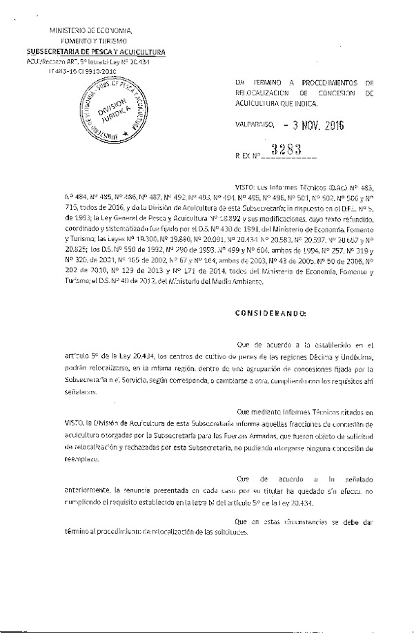 Res. Ex. N° 3283-2016 Da término a procedimientos de regularización de concesión de acuicultura que indica.