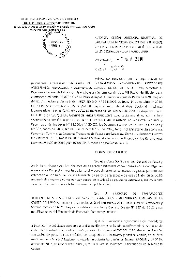 Res. Ex. N° 3312-2016 Autoriza cesión sardina común, VIII Región.