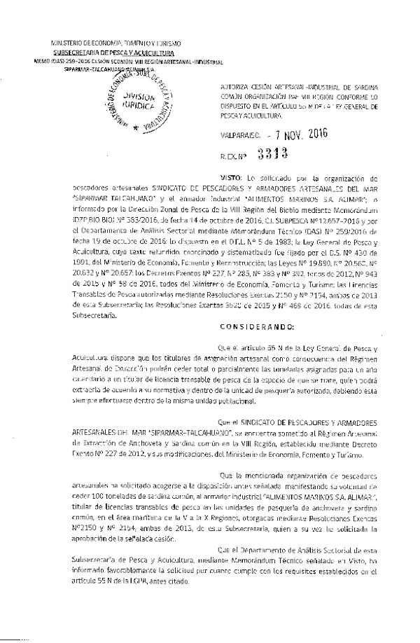 Res. Ex. N° 3313-2016 Autoriza cesión sardina común, VIII Región.