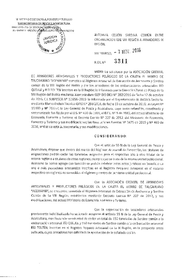 Res. Ex. N° 3311-2016 Autoriza Cesión sardina común, VIII a IX Región.