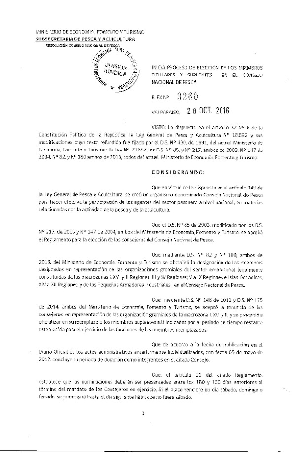 Res. Ex. N° 3260-2016 Inicia Proceso de Elección de los Miembros Titulares y Suplentes en el Consejo Nacional de Pesca. (F.D.O. 07-11-2016)