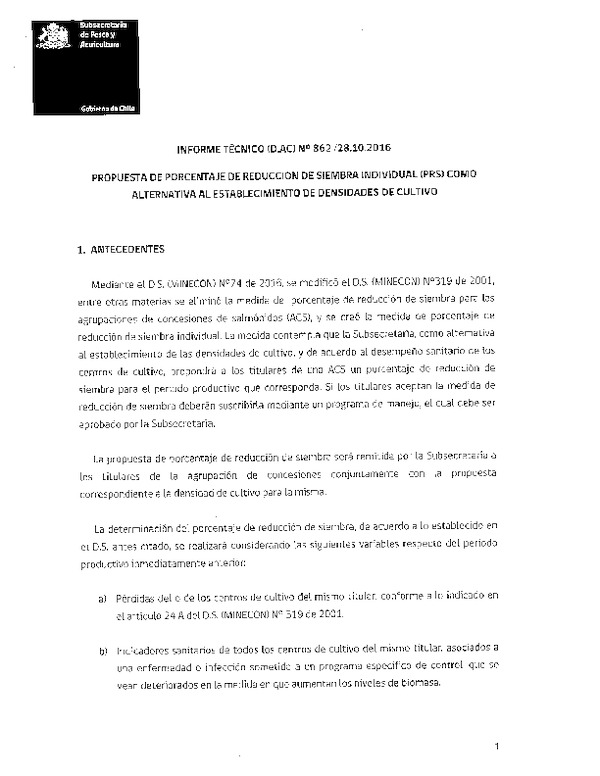 Informte Técnico (D. AC.) N° 862-2016 Propuesta de Porcentaje de Reducción de Siembre Individual, XV-XII Región. (Publicado en Página Web 14-11-2016)